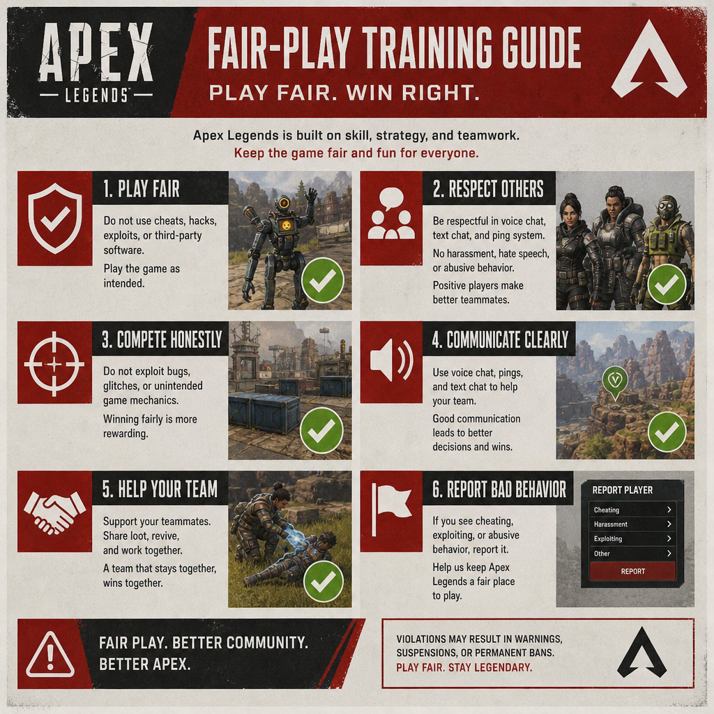 Apex Legends fair play training guide explaining play fair, respect others, compete honestly, communicate clearly, help your team, and report bad behavior