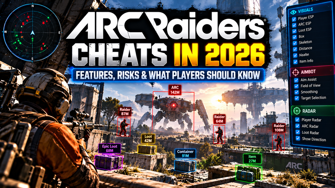 ARC Raiders Cheats 2026 guide showing futuristic extraction gameplay, ESP markers, radar, loot information, and aim-related visuals.