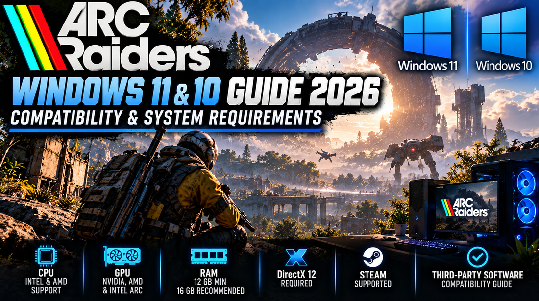 ARC Raiders Windows 11 and Windows 10 compatibility guide 2026 showing system requirements, CPU, GPU, RAM, DirectX 12, Steam support, and PC compatibility