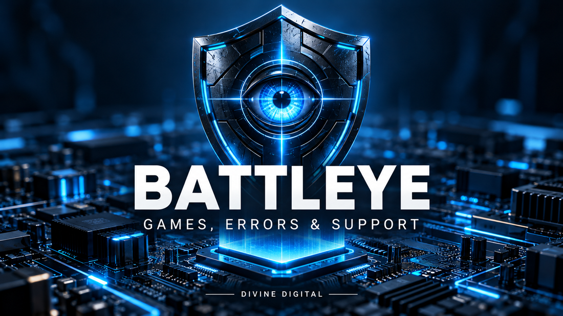 Blue scanning-eye shield above a motherboard, illustrating BattlEye anti-cheat protection.