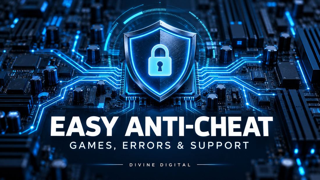 Blue security shield and padlock above a motherboard, illustrating Easy Anti-Cheat protection for PC games.