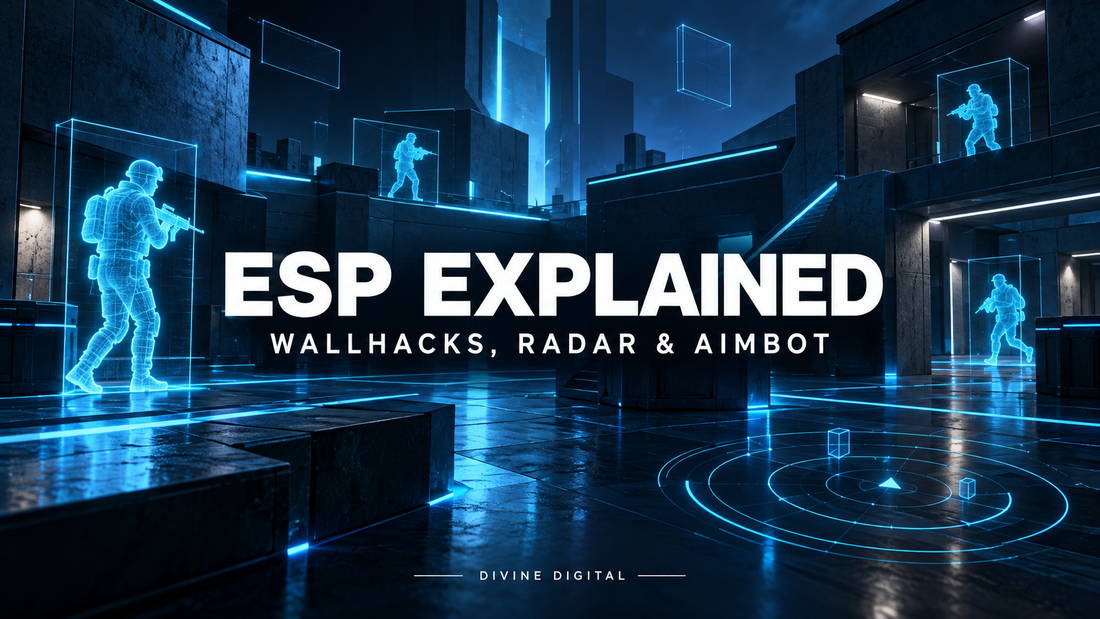 Blue holographic player outlines and a radar motif in a fictional arena, illustrating ESP gaming terminology.