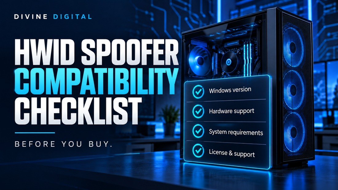 HWID spoofer compatibility checklist showing a desktop PC and checks for Windows version, hardware support, system requirements, licensing, and support.