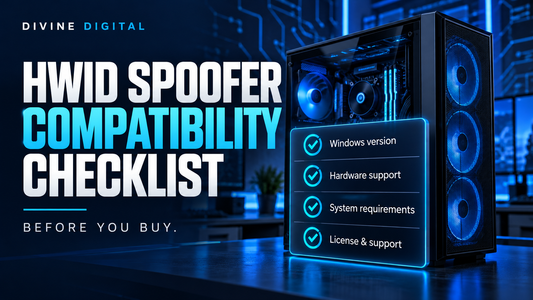 HWID spoofer compatibility checklist showing a desktop PC and checks for Windows version, hardware support, system requirements, licensing, and support.