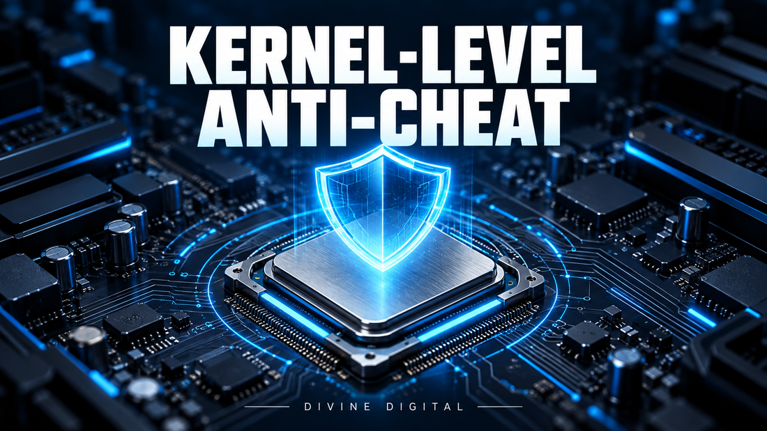 Glowing blue security shield over a processor on a dark motherboard, illustrating kernel-level anti-cheat.