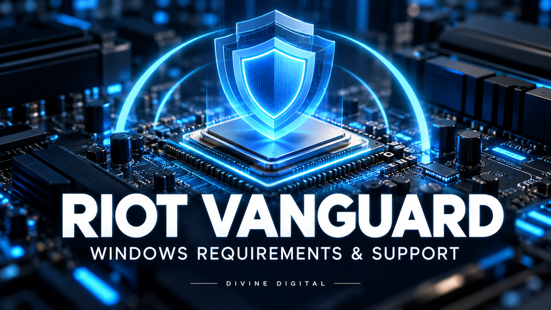 Layered blue security shields above a processor, illustrating Riot Vanguard and Windows security.