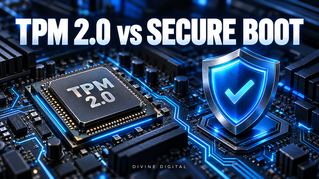TPM 2.0 chip and Secure Boot shield illustrating two different PC security features.