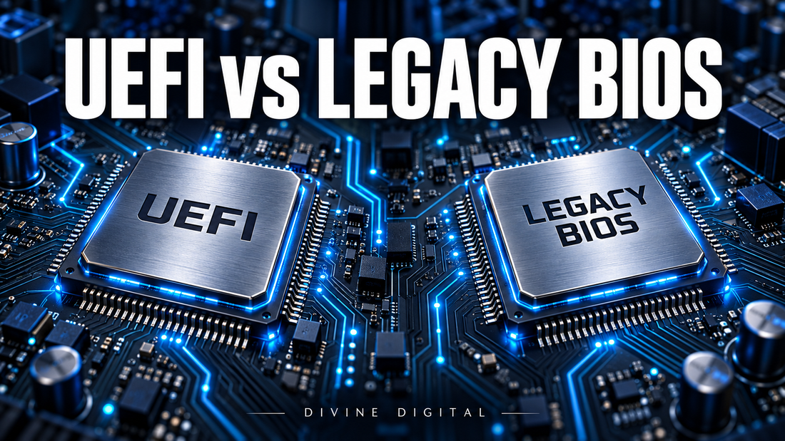 UEFI and Legacy BIOS chips on a blue motherboard illustrating Windows boot modes.