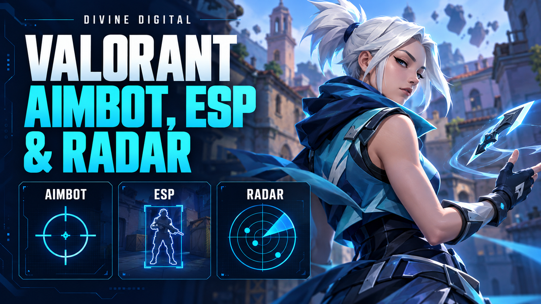 Valorant guide cover featuring Jett beside illustrations of aimbot targeting, ESP player outlines, and radar.