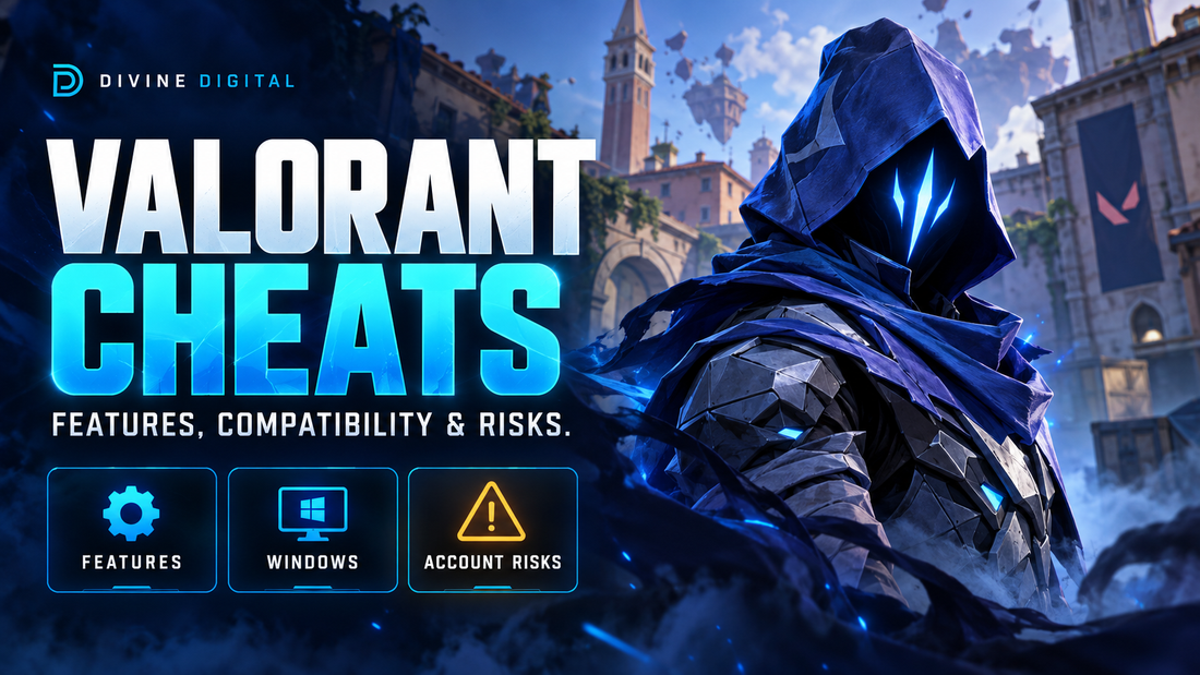 Valorant cheats guide cover featuring Omen with icons for software features, Windows compatibility, and account risks.