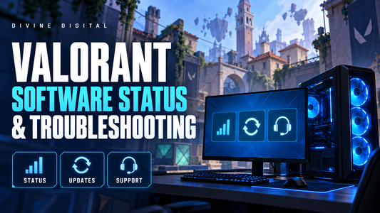 Valorant software troubleshooting guide showing a desktop PC with icons for product status, updates, and customer support.