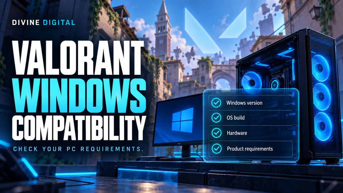 Valorant Windows compatibility guide showing a desktop PC and checklist for Windows version, OS build, hardware, and product requirements.