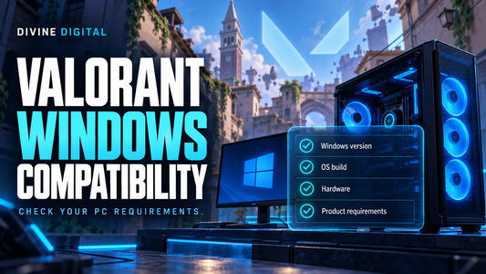 Valorant Windows compatibility guide showing a desktop PC and checklist for Windows version, OS build, hardware, and product requirements.