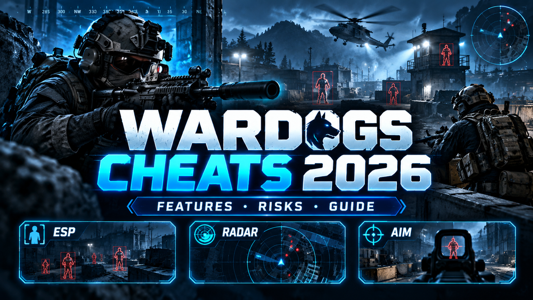 WARDOGS Cheats 2026 guide image showing tactical soldiers, ESP boxes, radar, and aim-related visuals.