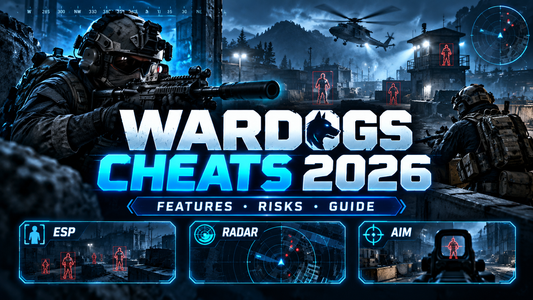 WARDOGS Cheats 2026 guide image showing tactical soldiers, ESP boxes, radar, and aim-related visuals.
