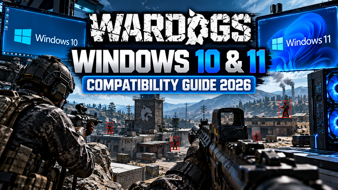 WARDOGS Windows 10 and Windows 11 compatibility guide showing tactical gameplay, PC hardware, and software compatibility.