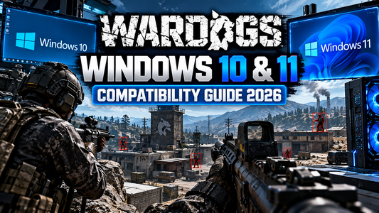 WARDOGS Windows 10 and Windows 11 compatibility guide showing tactical gameplay, PC hardware, and software compatibility.
