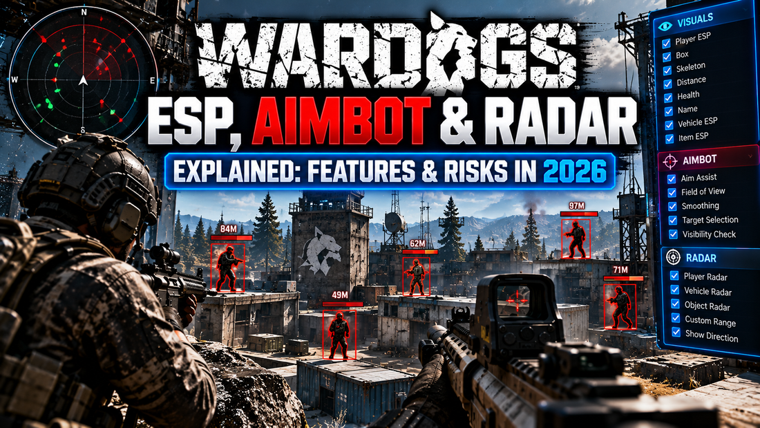 WARDOGS ESP, aimbot, and radar guide showing tactical gameplay, player outlines, radar graphics, and aim-related visuals.