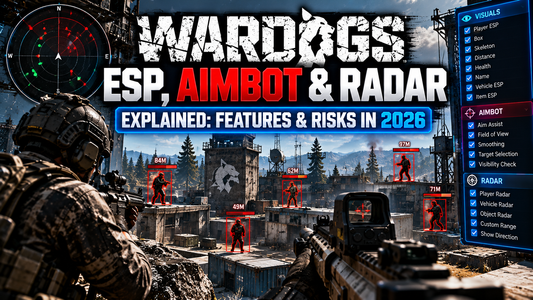 WARDOGS ESP, aimbot, and radar guide showing tactical gameplay, player outlines, radar graphics, and aim-related visuals.